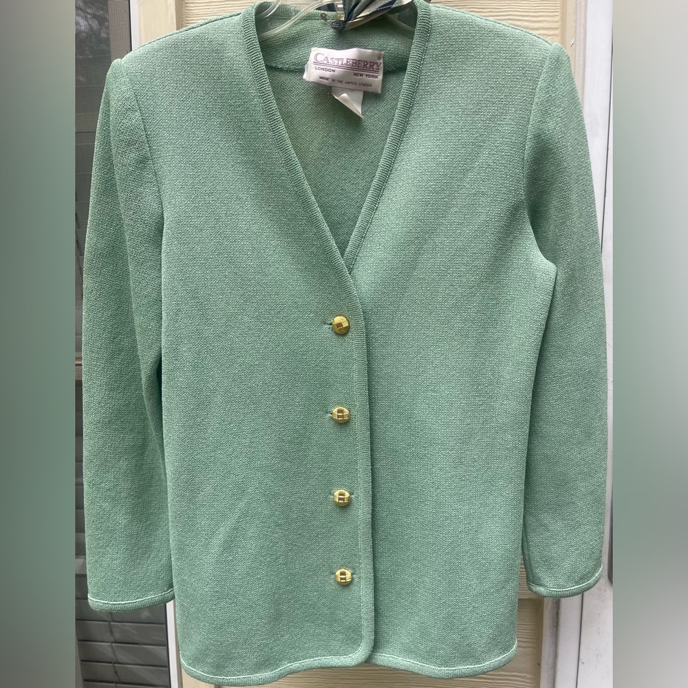 Vintage Castleberry Knit Jacket Seafoam Green Sz 6 W/ Scarf